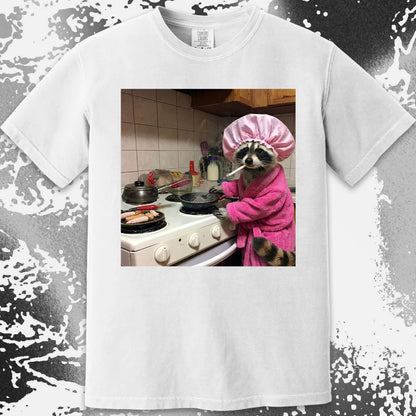 Tired Raccoon T-Shirt – Cooking While Completely Done, funny meme tee gift (view 11)