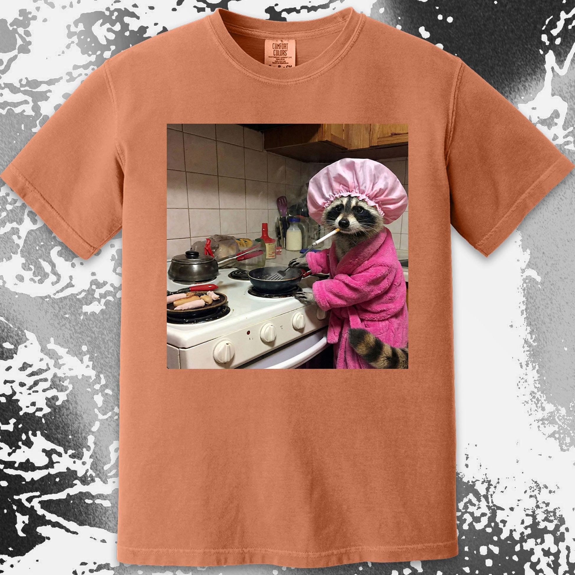 Tired Raccoon T-Shirt – Cooking While Completely Done, funny meme tee gift (view 12)