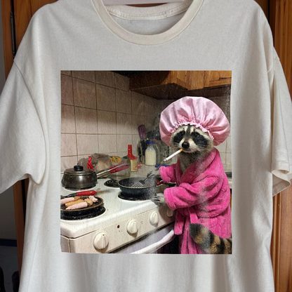 Tired Raccoon T-Shirt – Cooking While Completely Done, funny meme tee gift (view 2)