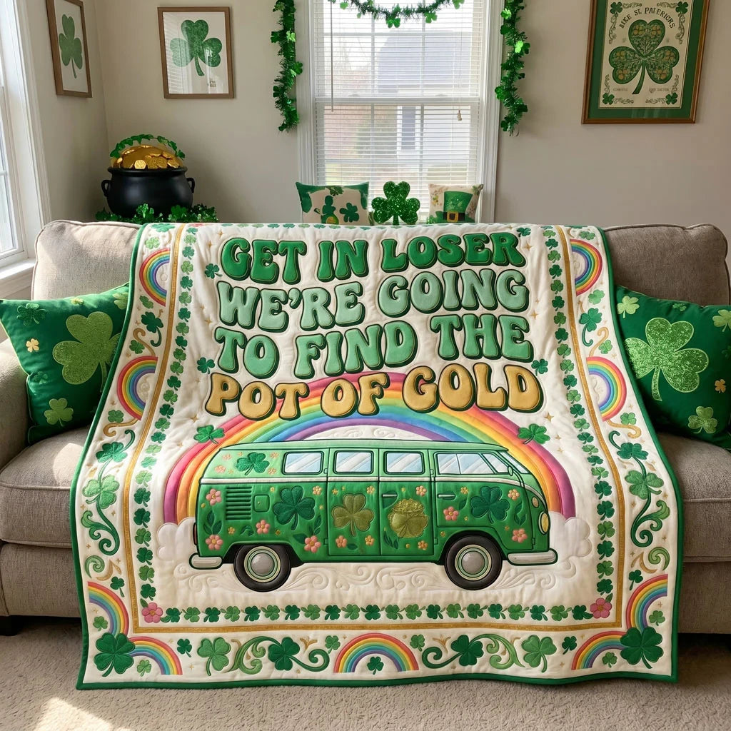 Rainbow Shamrock Retro Van Quilt Blanket