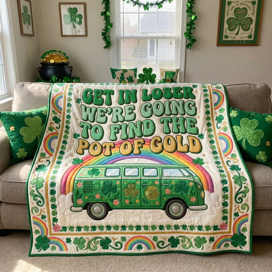 Rainbow Shamrock Retro Van Quilt Blanket