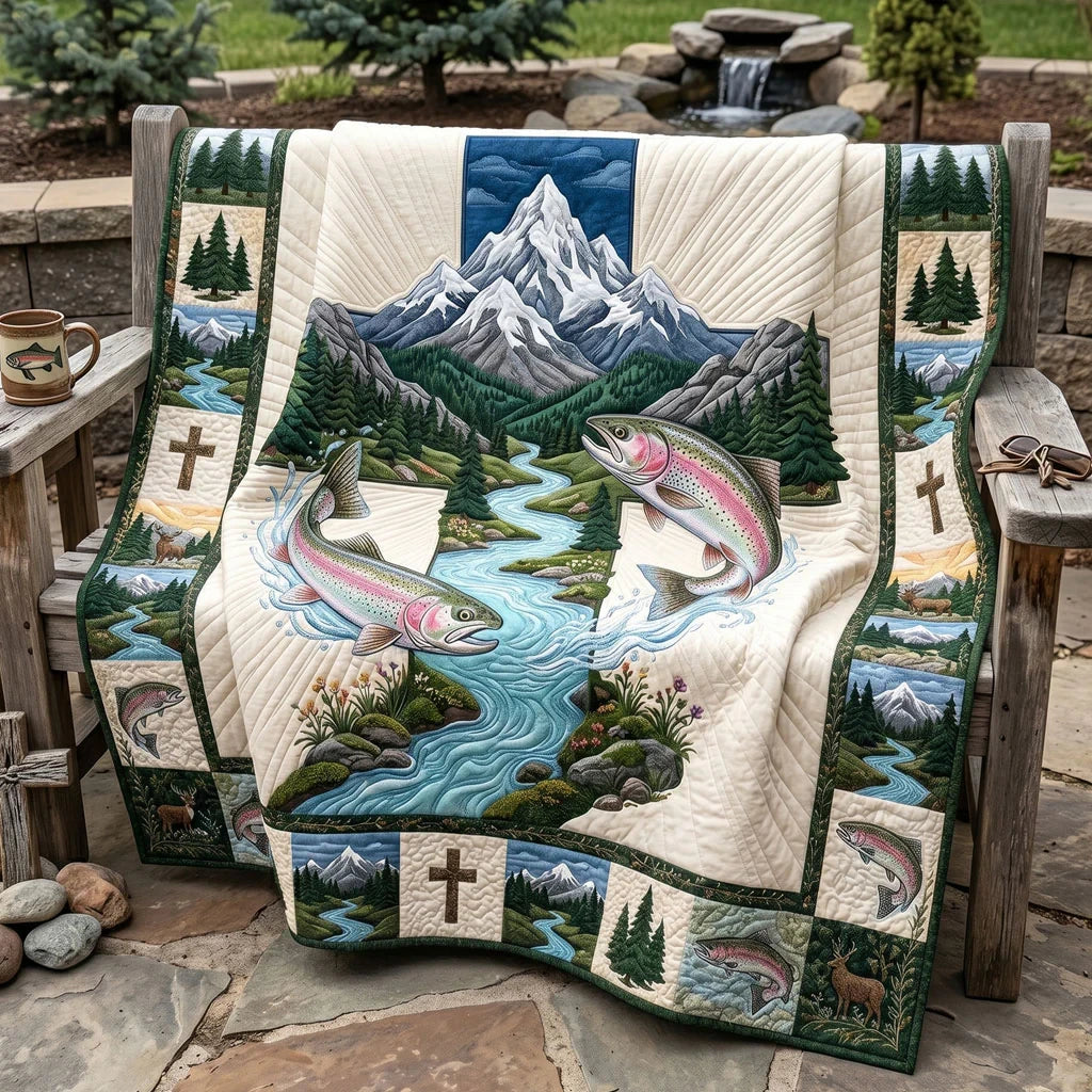 Rainbow Trout Mountain Cross Quilt Blanket