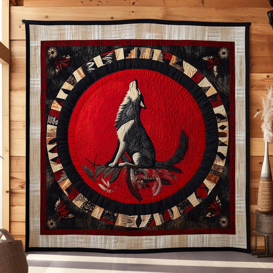 Red Moon Wolf Quilt Blanket