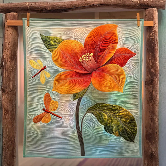 Dragonfly And Red Orange Blossom Quilt Blanket