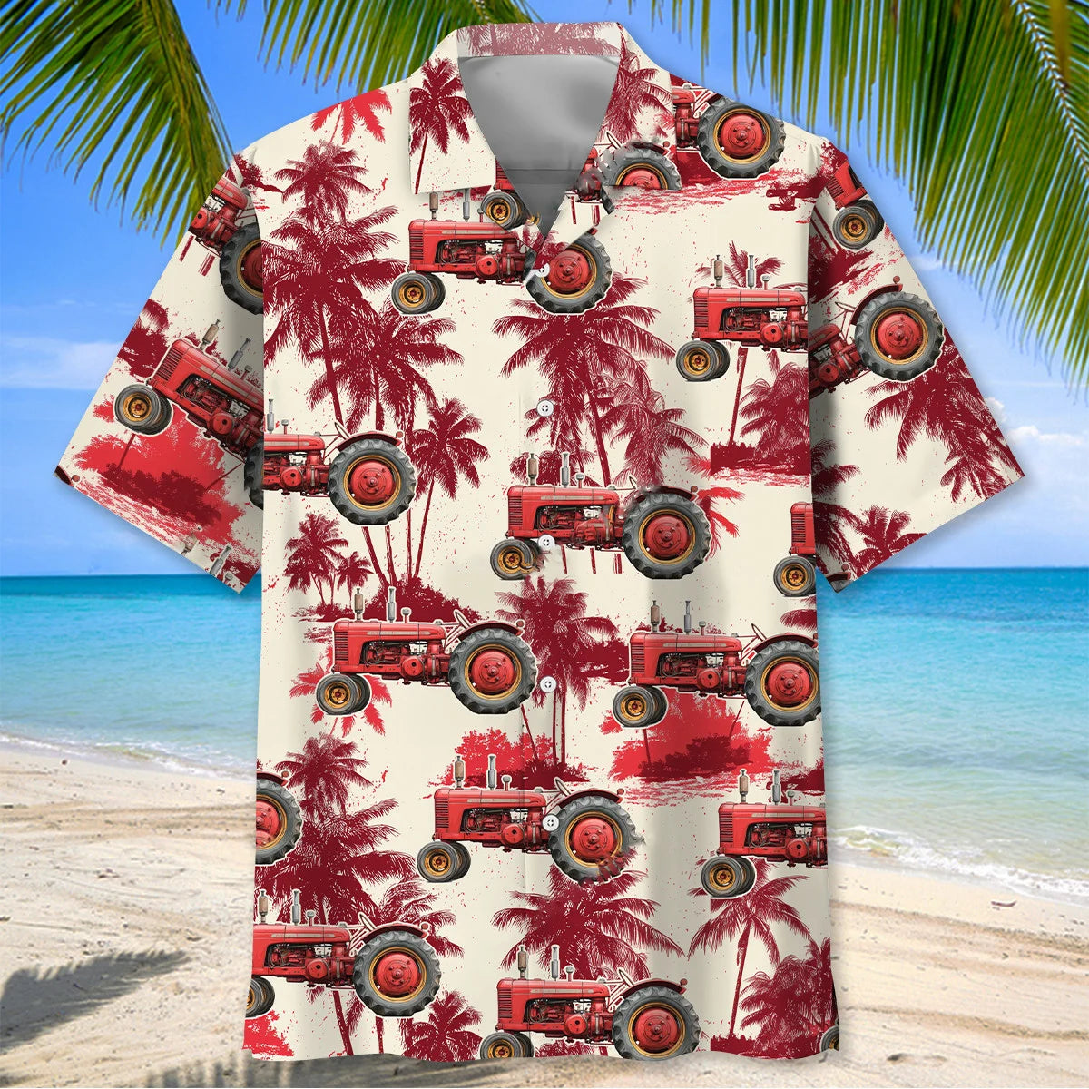 Red Palm Tractor Hawaiian Shirt, custom shirt gift for men