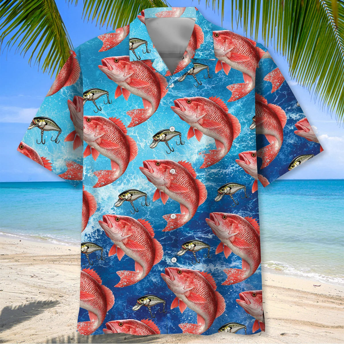 Red Snapper Fish Blue Hawaiian Shirt, custom shirt gift for men