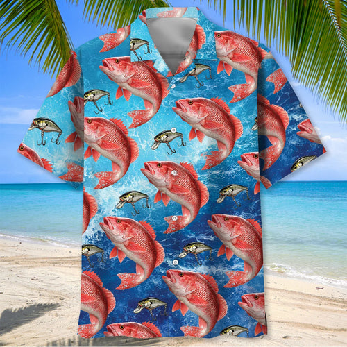 Red Snapper Fish Blue Hawaiian Shirt, custom shirt gift for men
