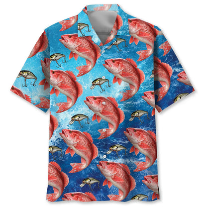 Red Snapper Fish Blue Hawaiian Shirt, custom shirt gift for men (view 2)