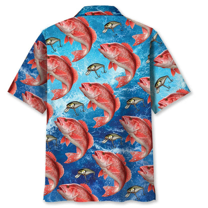 Red Snapper Fish Blue Hawaiian Shirt, custom shirt gift for men (view 3)