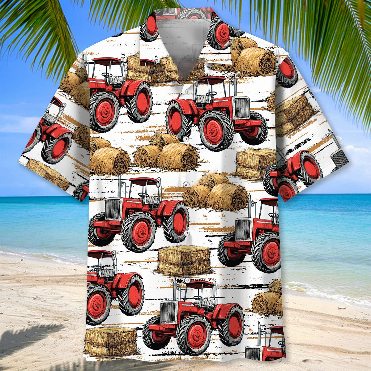 Red Tractor Haystack Hawaiian Shirt, custom shirt gift for men (view 3)