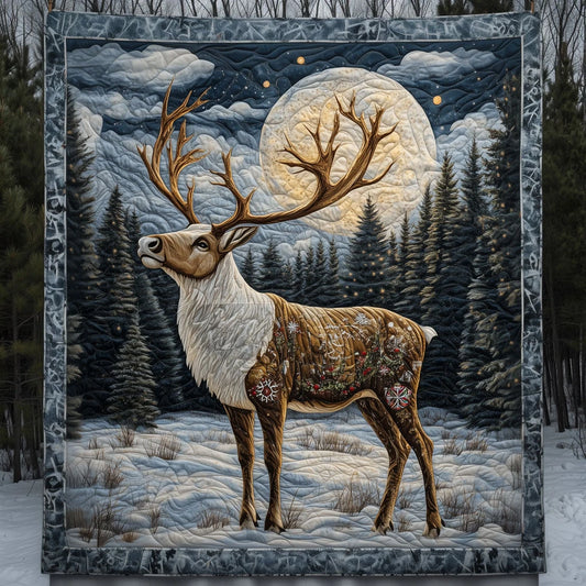 Reindeer In Snowy Pine Forest Quilt Blanket