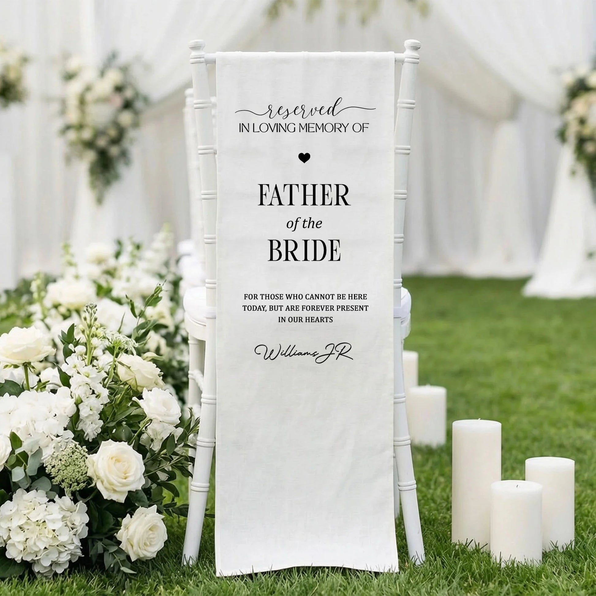 Reserved Father of the Bride Memorial Chair Sign In Loving Memory Wedding Chair Cover Personalized, gentle memorial keepsake