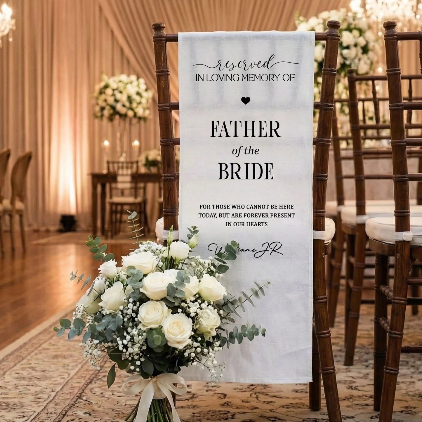 Reserved Father of the Bride Memorial Chair Sign In Loving Memory Wedding Chair Cover Personalized, gentle memorial keepsake
