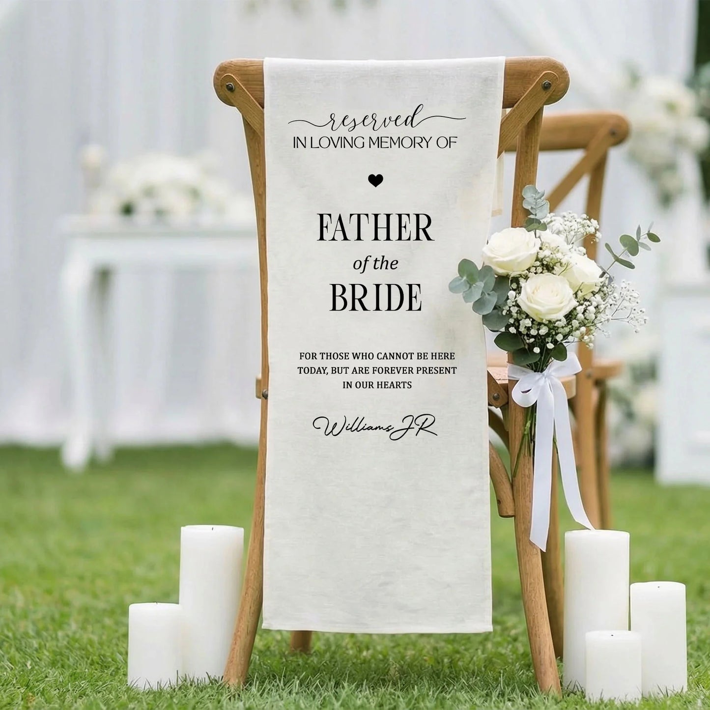 Reserved Father of the Bride Memorial Chair Sign In Loving Memory Wedding Chair Cover Personalized, gentle memorial keepsake