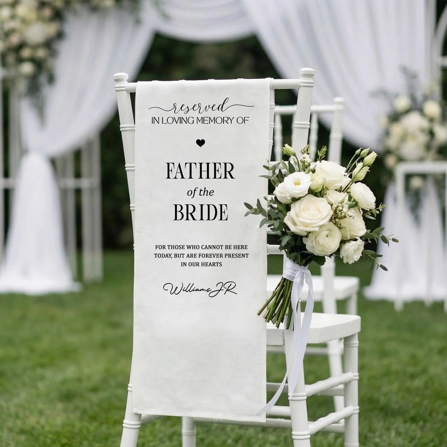 Reserved Father of the Bride Memorial Chair Sign In Loving Memory Wedding Chair Cover Personalized, gentle memorial keepsake