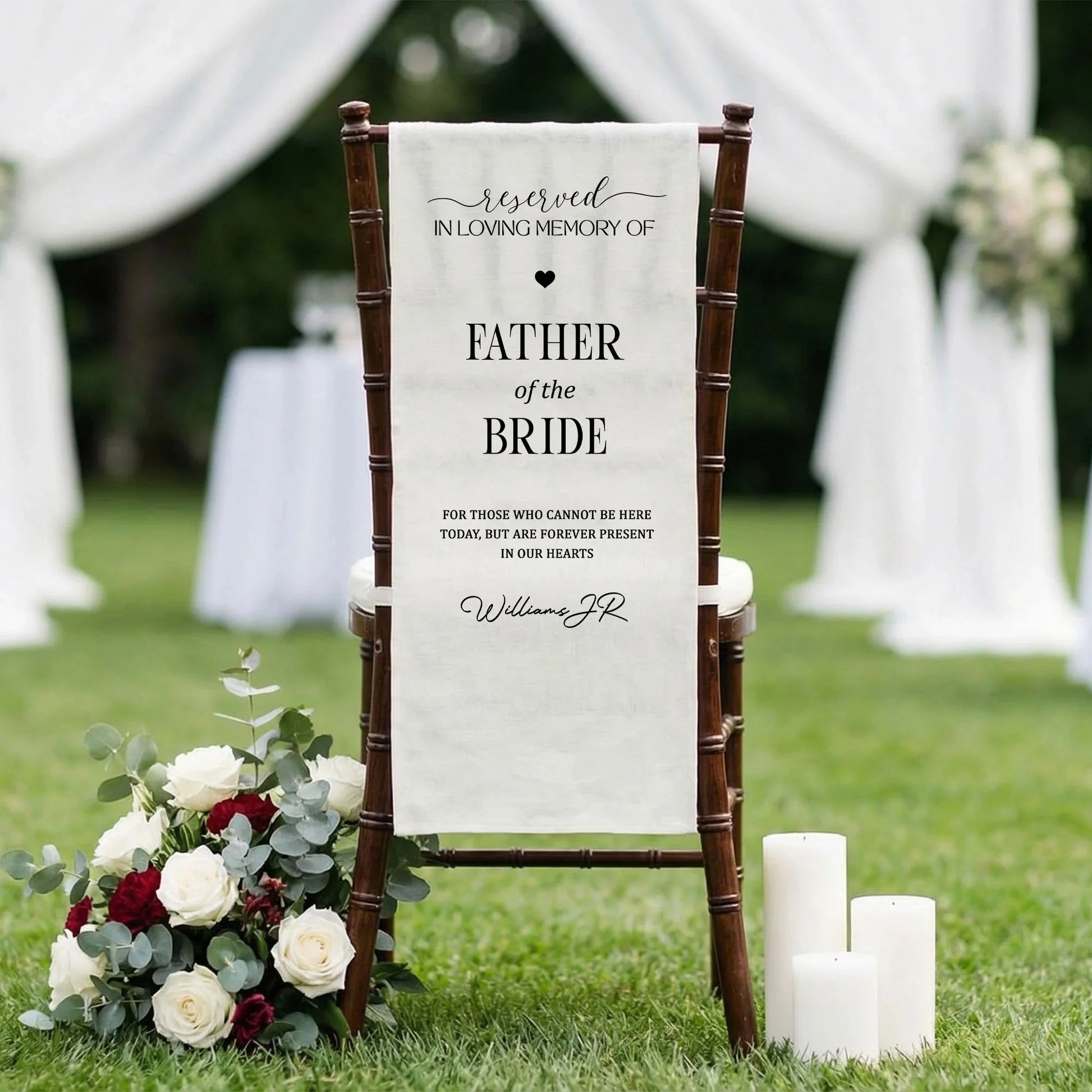 Reserved Father of the Bride Memorial Chair Sign In Loving Memory Wedding Chair Cover Personalized, gentle memorial keepsake