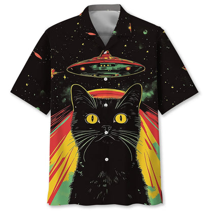 Retro Black Cat Ufo Beam Hawaiian Shirt, custom shirt gift for men
