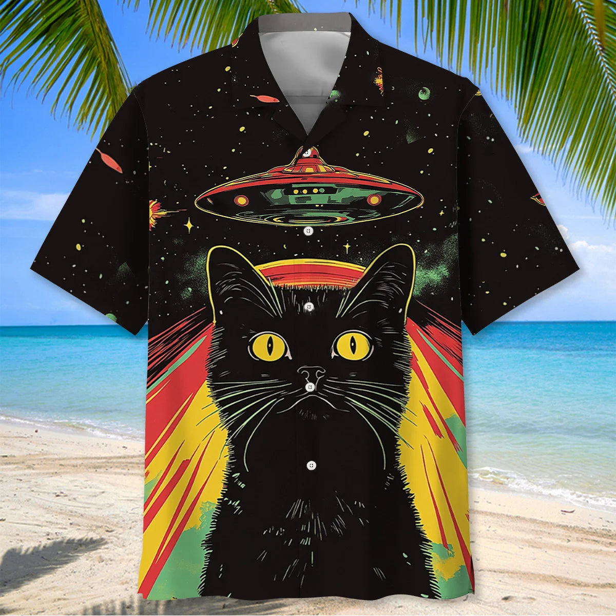 Retro Black Cat Ufo Beam Hawaiian Shirt, custom shirt gift for men (view 2)