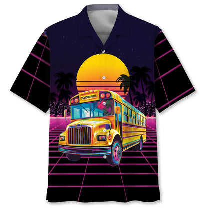Retro Wave School Bus Hawaiian Shirt, custom shirt gift for men (view 2)