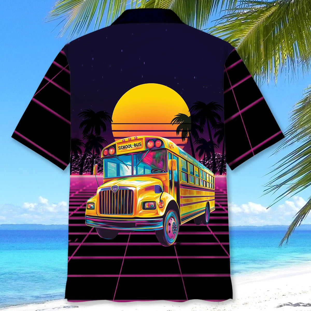 Retro Wave School Bus Hawaiian Shirt, custom shirt gift for men (view 3)