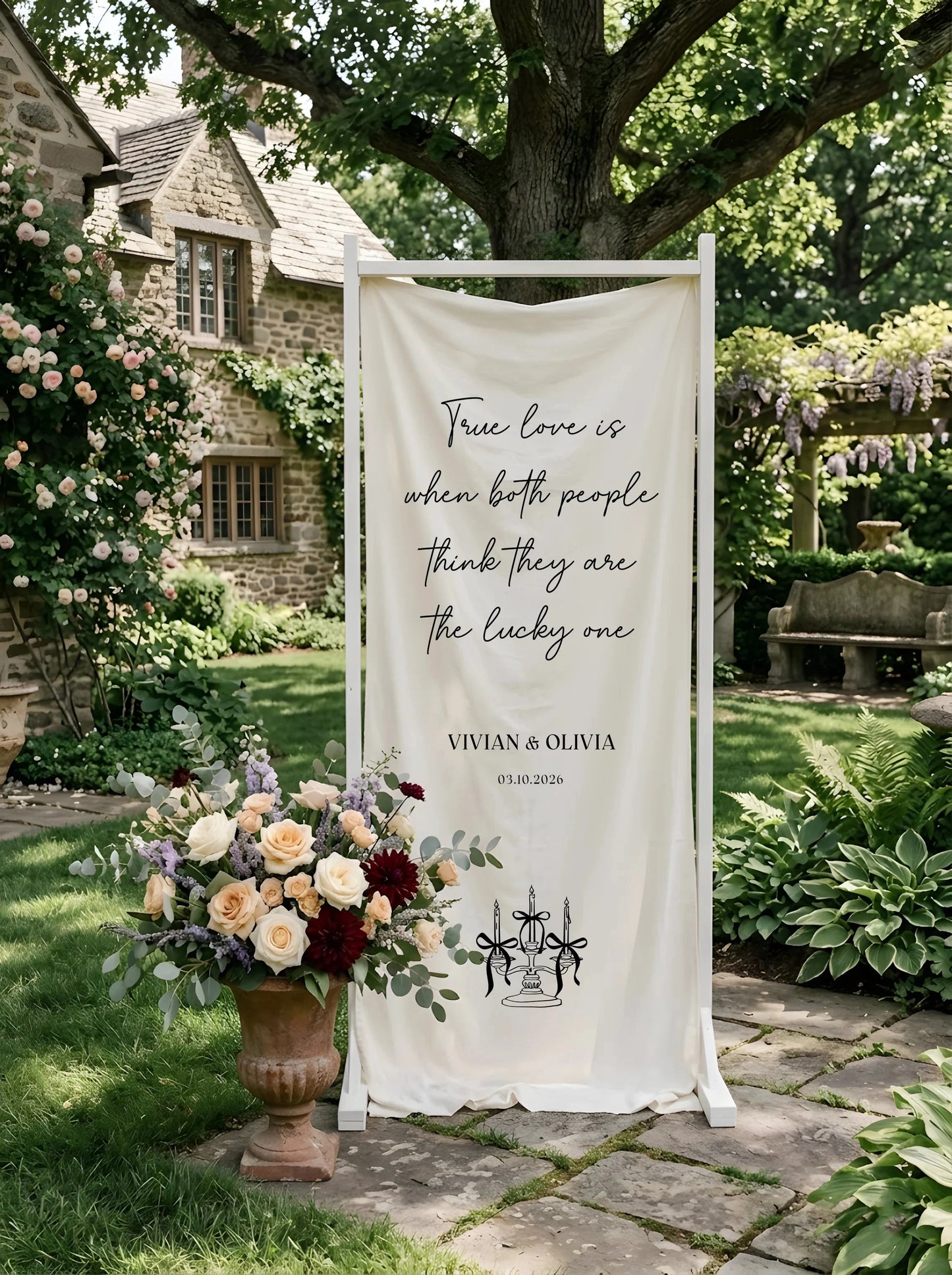 Romantic Wedding Banner Tapestry Personalized Custom Name Linen Ceremony Backdrop Decor, personalized wedding decor (view 2)