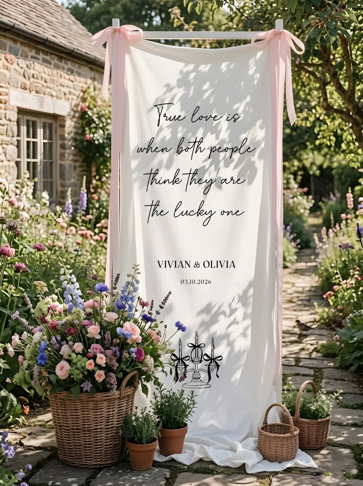 Romantic Wedding Banner Tapestry Personalized Custom Name Linen Ceremony Backdrop Decor, personalized wedding decor (view 3)