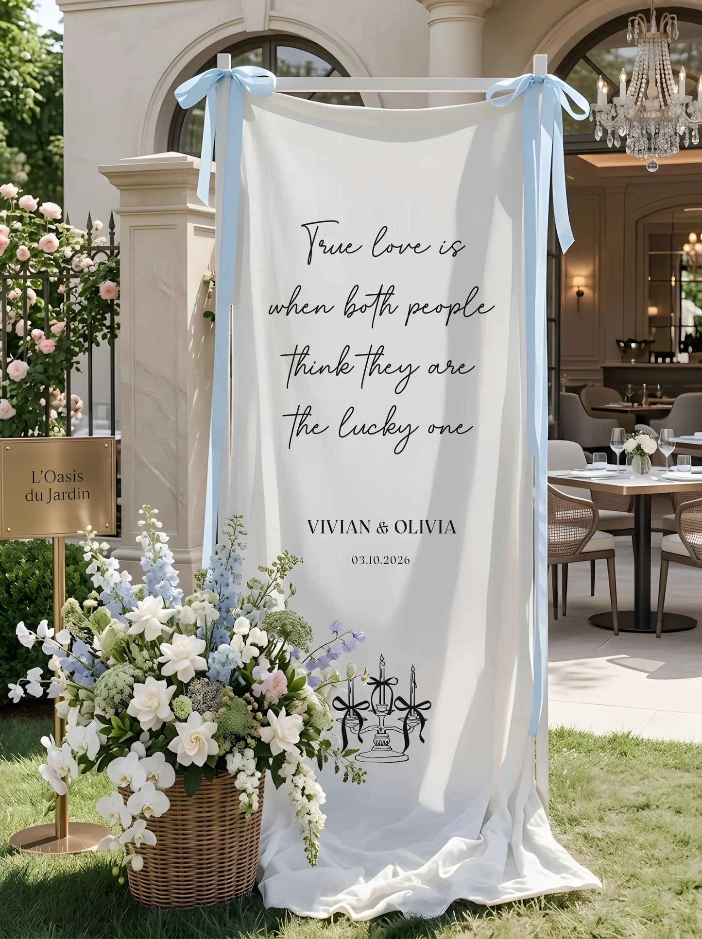 Romantic Wedding Banner Tapestry Personalized Custom Name Linen Ceremony Backdrop Decor, personalized wedding decor (view 7)