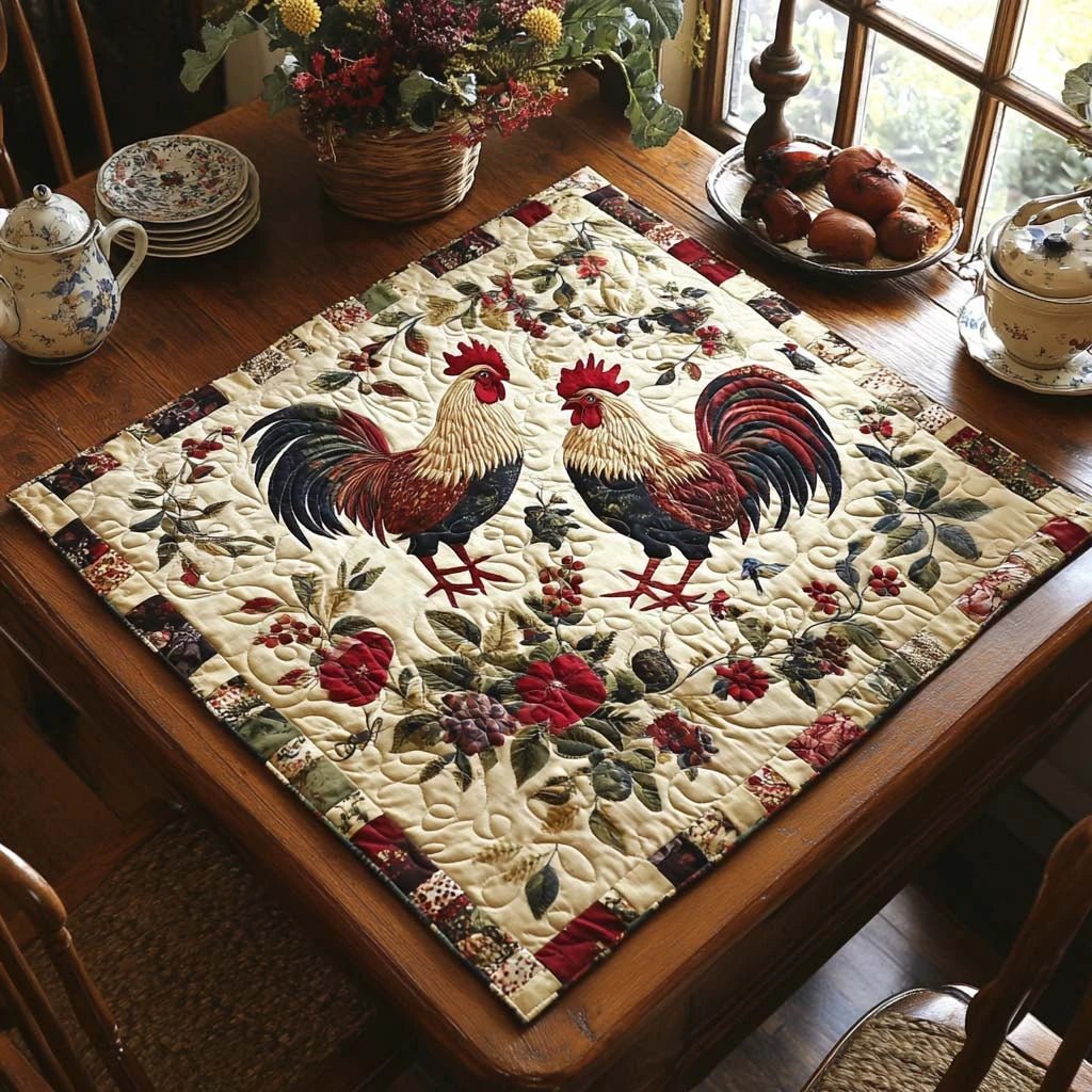 Rooster Parade Quilted Table Topper