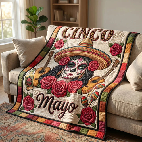 Rose Skull Cinco Quilt Blanket