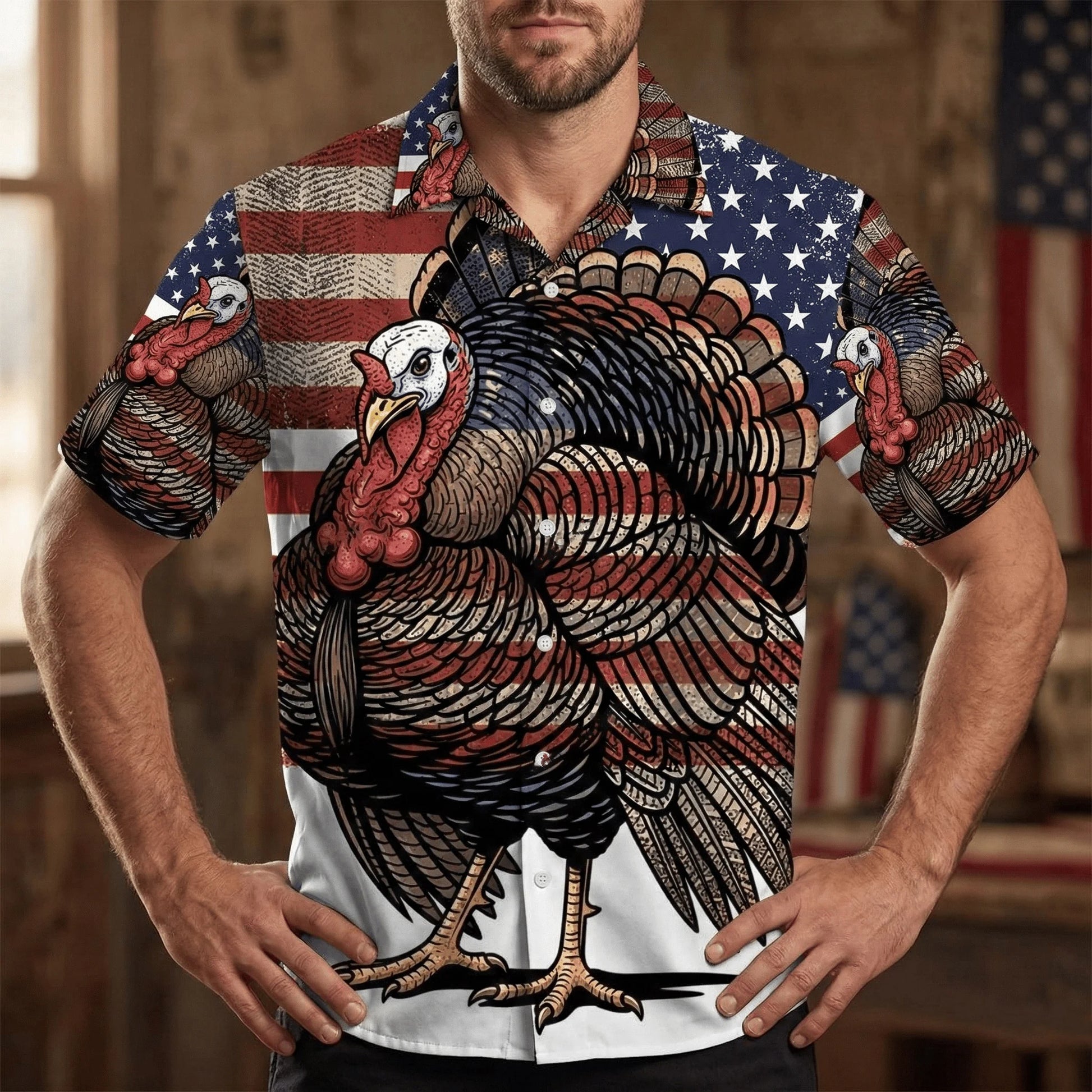 Rugged America Wild Turkey Hawaiian Shirt, custom shirt gift for men (view 4)