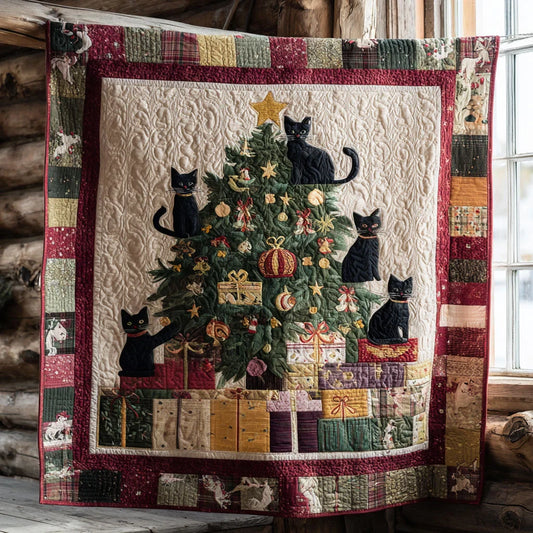 Rustic Black Cat Christmas Quilt Blanket