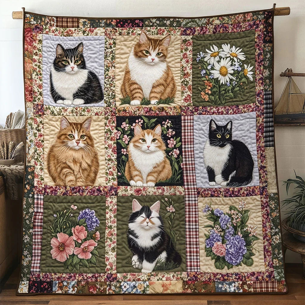 Rustic Bloom Cat Quilt Blanket