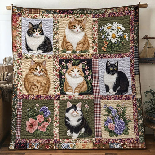 Rustic Bloom Cat Quilt Blanket