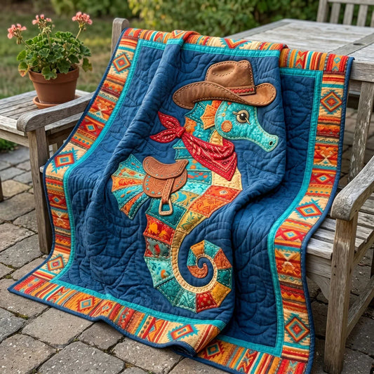 Rustic Coastal Cowboy Seahorse Quilt Blanket