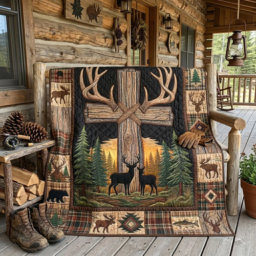 Rustic Cross Deer Antler Woodland Quilt Blanket