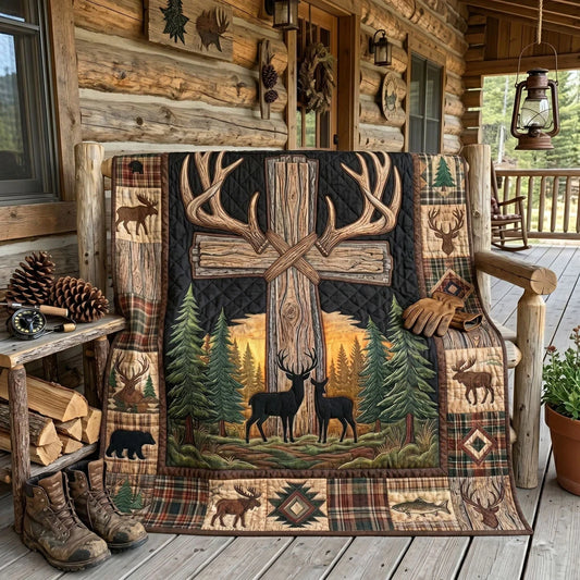 Rustic Cross Deer Antler Woodland Quilt Blanket