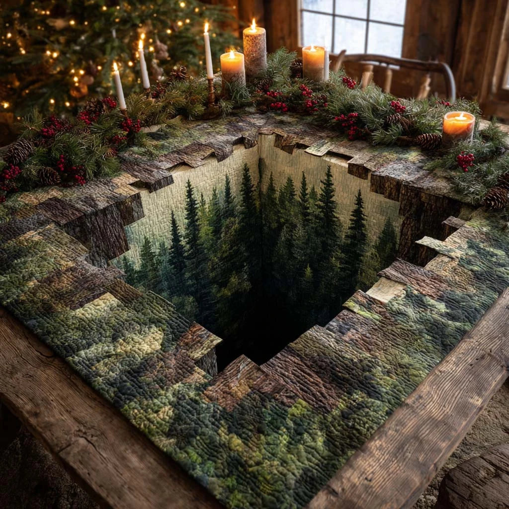 Rustic Pine Forest Quilted Table Topper