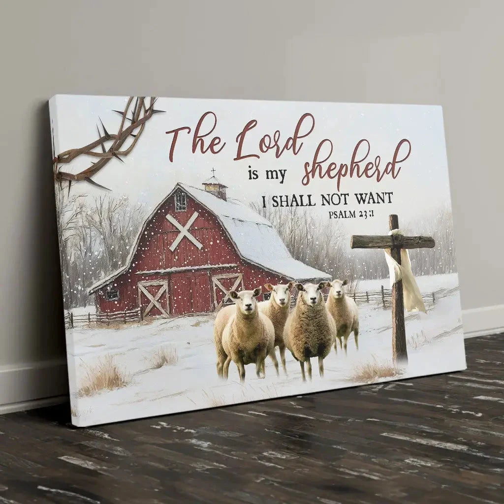 the lord is my shepherd psalm 23 1 red barn with sheep christmas wall art canvas (Landscape) (view 4)