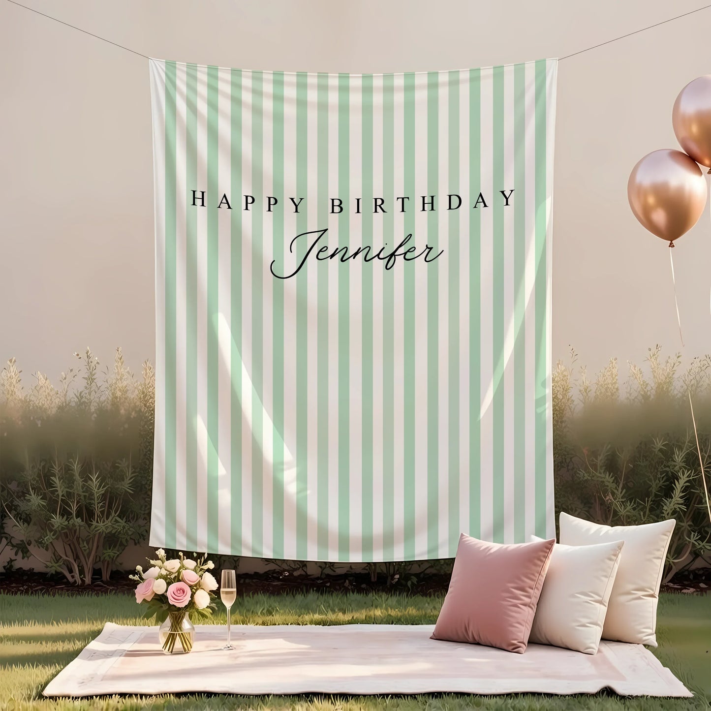 Green Striped Birthday Tapestry Personalized Happy Birthday Banner Custom Name Party Backdrop, personalized birthday backdrop