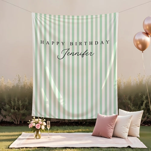 Green Striped Birthday Tapestry Personalized Happy Birthday Banner Custom Name Party Backdrop, personalized birthday backdrop