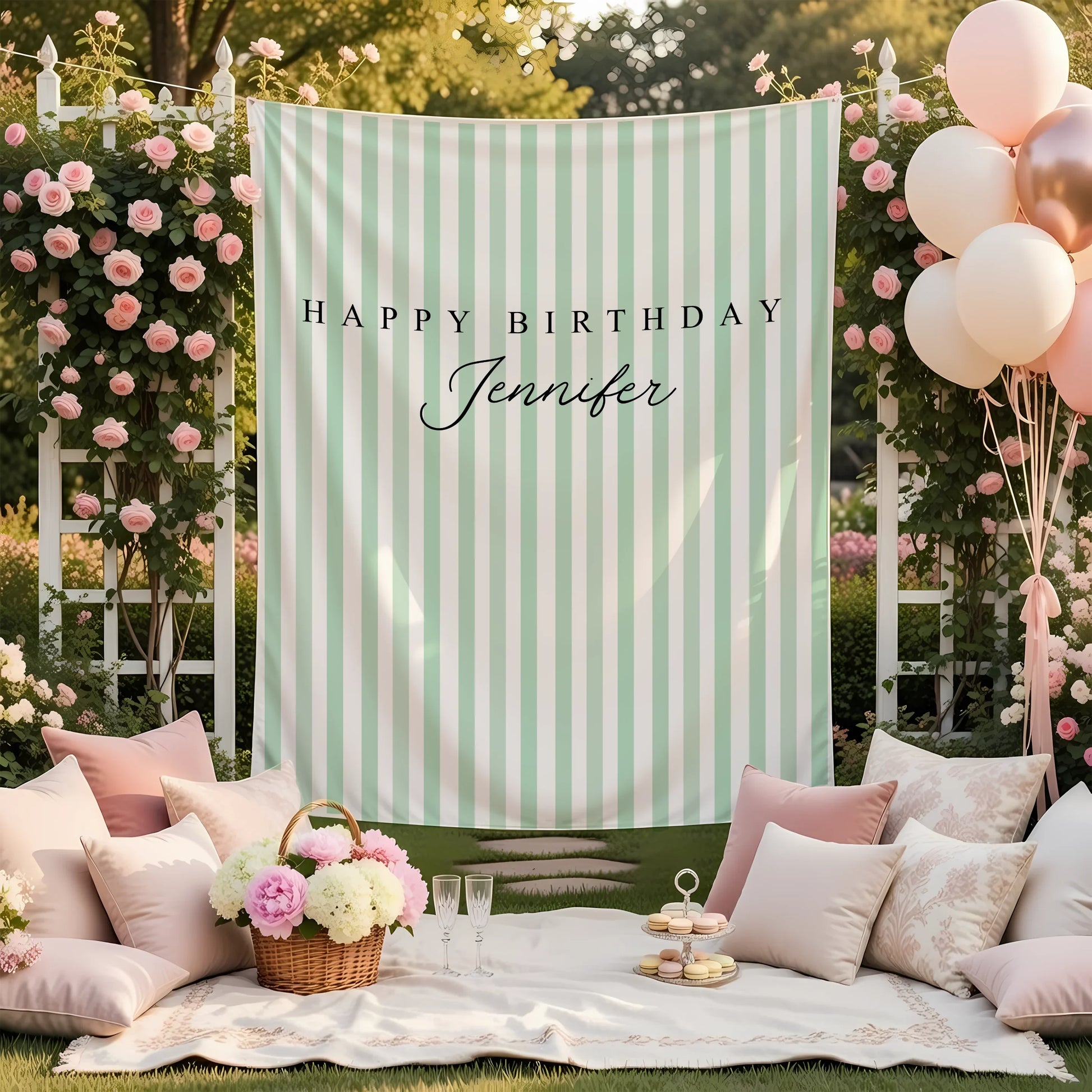 Green Striped Birthday Tapestry Personalized Happy Birthday Banner Custom Name Party Backdrop, personalized birthday backdrop