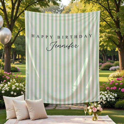 Green Striped Birthday Tapestry Personalized Happy Birthday Banner Custom Name Party Backdrop, personalized birthday backdrop