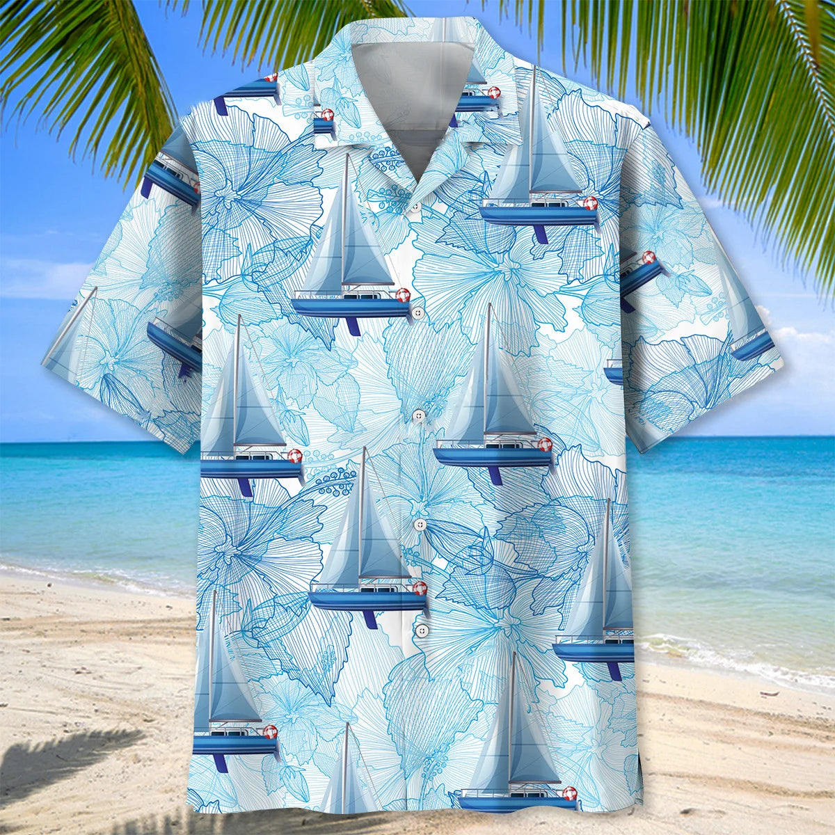 Sailboat Classic Hibiscus Hawaiian Shirt, custom shirt gift for men (view 3)