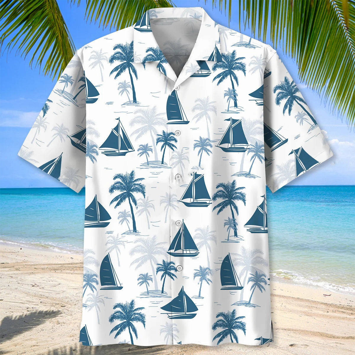 Sailboat Palm Tree Hawaiian Shirt, custom shirt gift for men (view 3)
