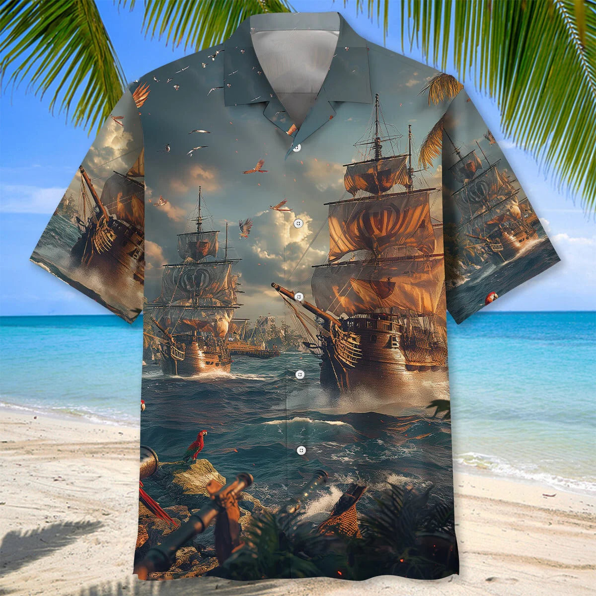 Sailboat Pirate Vintage Hawaiian Shirt, custom shirt gift for men (view 2)