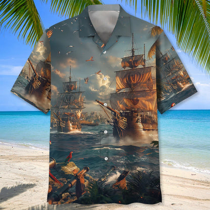 Sailboat Pirate Vintage Hawaiian Shirt, custom shirt gift for men (view 2)