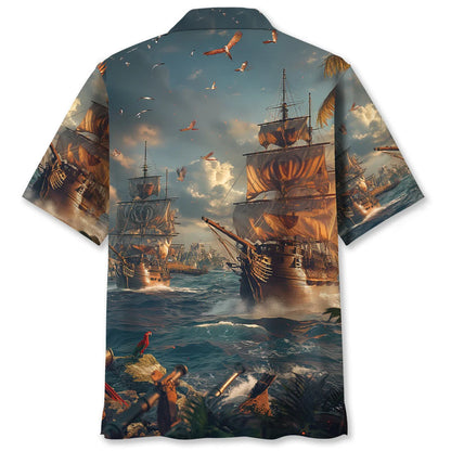 Sailboat Pirate Vintage Hawaiian Shirt, custom shirt gift for men (view 3)