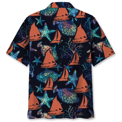 Sailboat Sea Creatures Hawaiian Shirt, custom shirt gift for men (view 2)