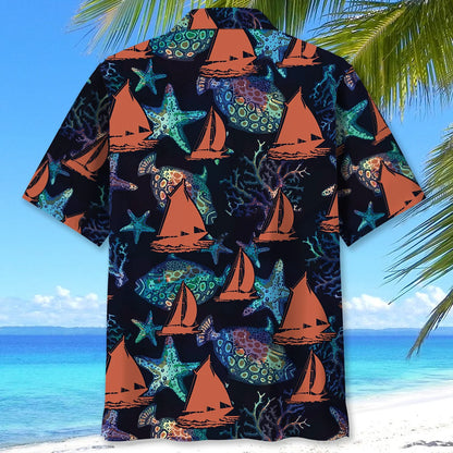 Sailboat Sea Creatures Hawaiian Shirt, custom shirt gift for men (view 3)