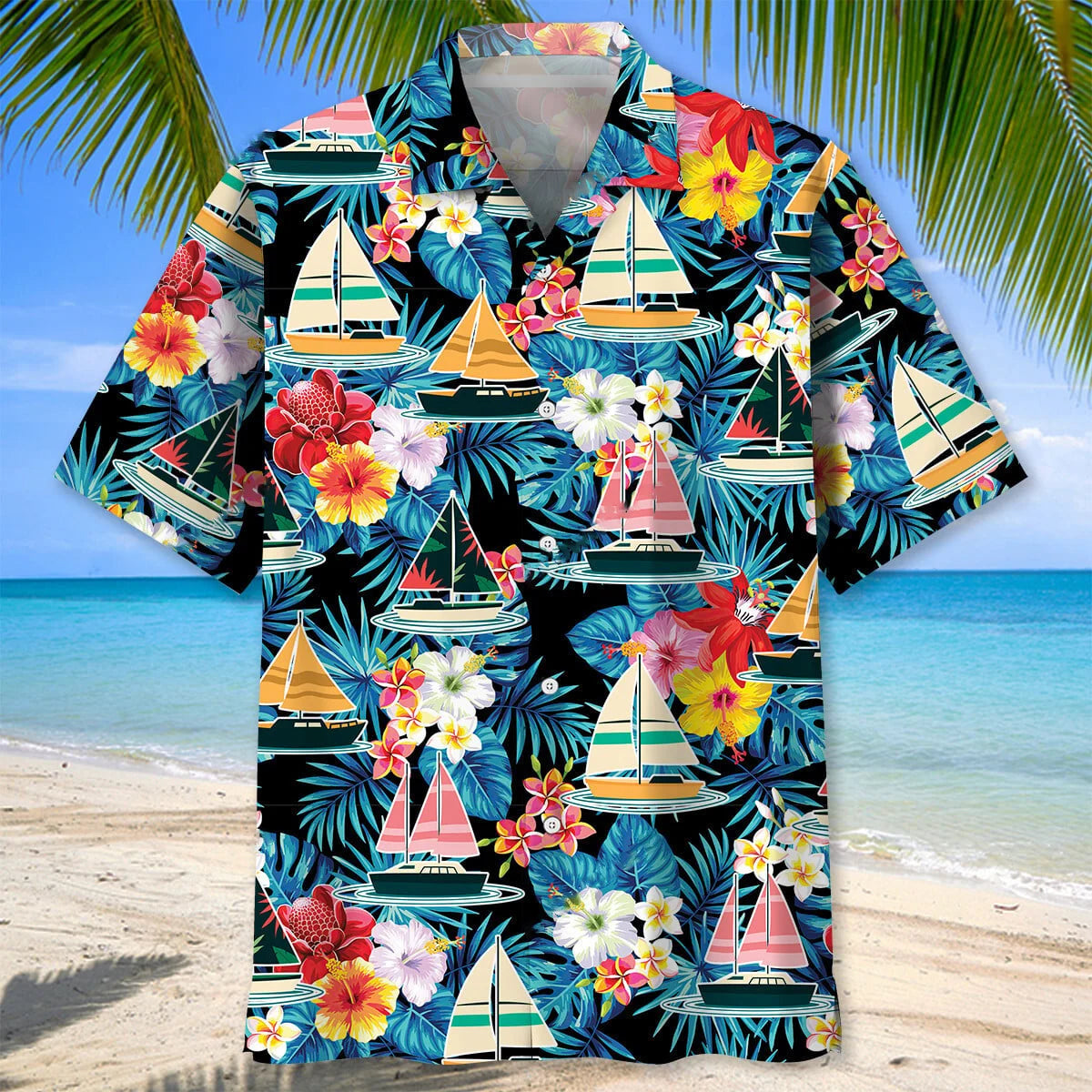 Sailboat Tropical Flower Hawaiian Shirt, custom shirt gift for men